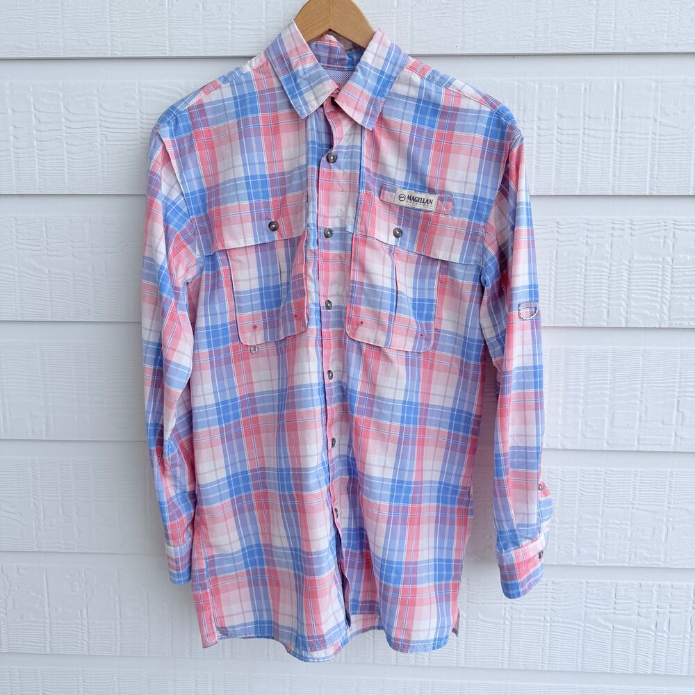 Magellan Fish Gear Relaxed Fit pink blue Plaid Button-Up Shirt – Size XS